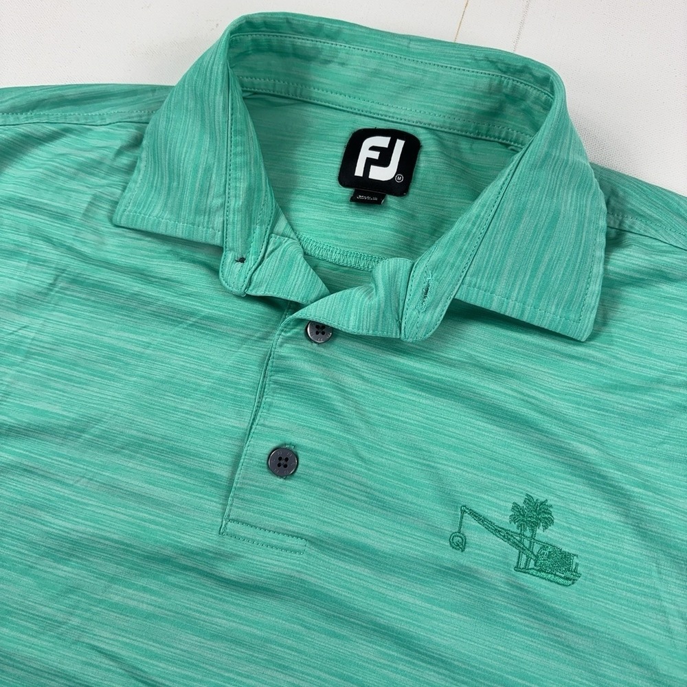 FootJoy Golf Polo Shirt Mens M Green Striped Palm Tree Logo Stretch Short Sleeve